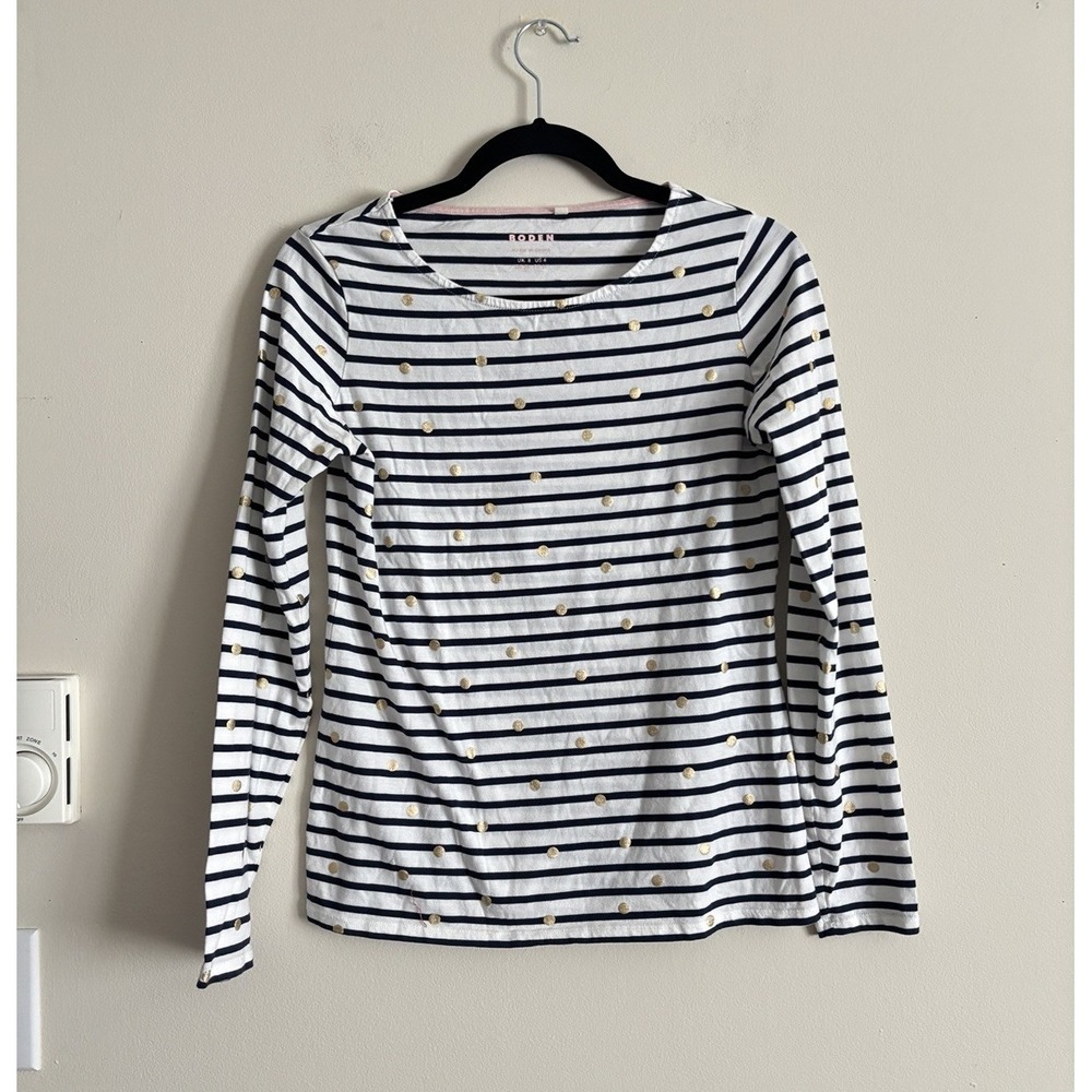 Boden Ella Long Sleeve Breton Tee‎ Navy Ivory Gold Polka Dot Small US 4 Preppy
